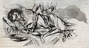 Úrazová medicína - nejúčinnější úleva, kterou lze poskytnout utonulým - ořechové plenky na boku a zvracení vody, kterou vypil - rytina v „La Sante Universelle - Guide Medical des Familles“ 1852 od Unknown artist