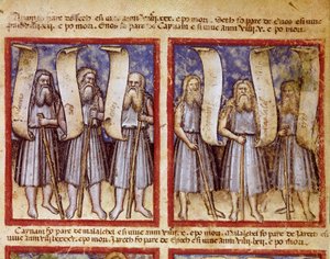 Po Adamově genealogii následují Seth, Enoch (Enoch nebo Enosh), Kenan, Mahalalel (Mahalalel) a Jared (nebo Jared), velcí patriarchové Miniaturní Bible. Academy of Concord od Unknown artist