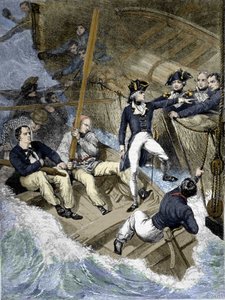 Admirál Nelson během bitvy u Santa Cruz de Tenerife (Tenerife), Kanárské ostrovy: „Teď jsem na řadě já; pokud nevěřím, bude to tvoje...“ Rytina z Westova obrazu. od Unknown artist