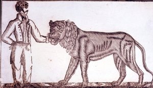 Reklama na cirkus z roku 1800 zobrazující krotitele vkládajícího ruku do tlamy lva. od Unknown artist