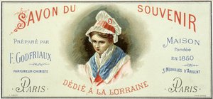 Reklamní etiketa „Soap du souvenir, připravená F. Godfriauxem - Maison založený v roce 1850“. Chromolitografie 19. století. od Unknown artist