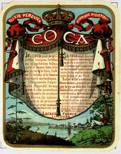 Reklama na Coca (produkt extrahovaný z kokainu): „“The Peruvian Balsamic Hygienic Exilir COCA“, chromolitografie 19. století. od Unknown artist