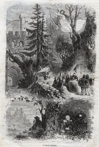Liparská harfa - dechová harfa - Arpa eolia - Dechová harfa - hudební nástroj hraný větrem - rytina z roku 1860 od Unknown artist