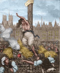 Affaire des Poisons: Catherine Deshayes, manželka Monvoisin a přezdívaná La Voisin (1640-1680) byla posazena na řezníka, posazena a svázána železem; zaklela a odrazila slámu – v „Paris a travers les siecles““ od Kenouillaca od Unknown artist