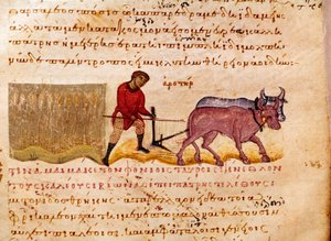 Zemědělství: orba scéna. Miniatura z loveckého řemesla "" The Cynegetics "" od Oppiana (Oppian nebo Oppianus) ze Sýrie (3. století našeho letopočtu) věnovaná Caracallovi. Benátky 11. století. Knihovna Marciana od Unknown artist