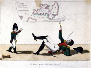 Ach, tati, ublížil jsi si. Karikatura o exilu Napoleona Bonaparta na ostrově Elba. od Unknown artist