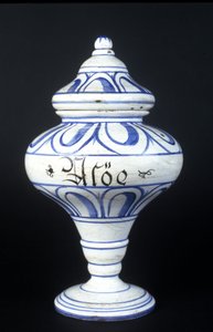Albarelle: lékárnická váza ze 16. století obsahující aloe. Muzeum vědy a techniky, Milán. od Unknown artist