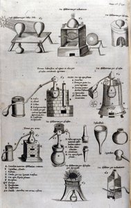 Alchymie: deska představující různé modely destilačních přístrojů a destilačních přístrojů. Athanase Kircher (nebo Athanasius Kircheri 1602-1680), německý jezuita. rytina ze 17. století. od Unknown artist