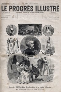 Alexandre Dumas Jr. - Velký důstojník Čestné legie a některá z jeho děl - rytina v „Le Progres illustrious““ z roku 1895 od Unknown artist