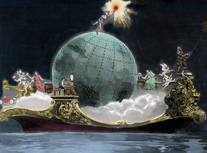Alegorie o pokroku vědy a techniky související s elektřinou: po celé zeměkouli je zastoupen italský fyzik Guglielmo Marconi (1874-1937), vynálezce telegrafu, žena na bezdrátové telegrafické stanici a vlevo Benjamin od Unknown artist