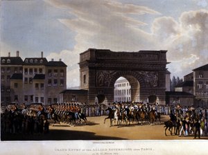 Spojenci vstoupili do Paříže 31. března 1814 (Rusko Alexandr I., rakouský císař František I. a pruský král Fridrich Vilém III.) rytina 1826 od Unknown artist