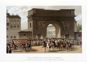 Spojenci vstoupili do Paříže 31. března 1814 (Rusko Alexandr I., rakouský císař František I. a pruský král Fridrich Vilém III.) rytina z roku 1826. od Unknown artist