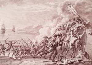 Americká revoluční válka: Invaze francouzské armády na Dominiku dne 7. září 1778 (rytina od Unknown artist