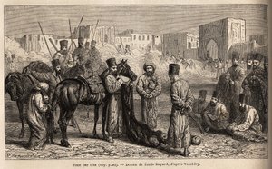 Účetní chána, přijímá dodávky hlav nepřátel a rukojmích, žen a dětí přivázaných k ocasu koní. Kresba Emila Bayarda (1837-1891), pro ilustraci cesty do Střední Asie, v roce 1863, od Arminius Vambery (maďarský vědec od Unknown artist