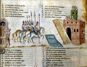 K hradu se blíží armáda. Miniatura „Roman de Troy““ od Benoita de Sainte Maure. 14. století, Biblioteca Marciana, Benátky od Unknown artist