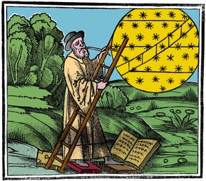 Astronom, který klade žebřík, aby mohl vylézt do nebe. od Unknown artist