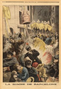 Anarchistický útok v Barceloně, výbuch bomby v průvodu opouštějícím kostel Santa Maria, ulice nuevos cambios. Rytina v "" Le petit journal "" 21/06/1896. Selva sbírka. od Unknown artist
