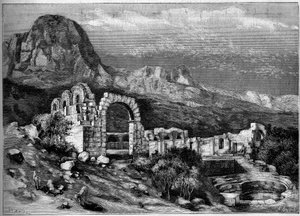 Starověká architektura: ruiny římského chrámu Zaghouan (Tunisko). Rytina od Riugela v „“The Illustrous World”” č. 1308 z 22. dubna 1882. od Unknown artist