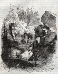 Angelique (Angelica) prchající před starým poustevníkem - rytina z roku 1851 z „“Zuřivého Rolanda““ (Orlando furioso) (16. století) od Ludovica Ariosta, známého jako Ariosta – vydání přeložené z italštiny hrabětem z Tressanu a vydané Gustavem Harvardem 1 od Unknown artist