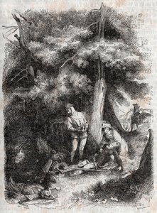 Angelique (Angelica) záchrana Medor (Medoro) wesse - rytina z roku 1851 z „“Zuřivého Rolanda““ (Orlando furioso) (16. století) od Ludovica Ariosta, známého jako Ariosta – vydání přeložené z italštiny hrabětem z Tressanu a vydané nakladatelstvím Gustave Har od Unknown artist