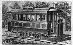 Použití baterií Faure: Elektrická tramvaj, model firmy Omnibus, poháněná bateriemi. Gravírování v „“Le Monde Illustré““ od Unknown artist