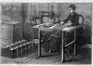 Použití baterií Faure: řezací stroj na tkaniny ovládaný akumulátorem. Gravírování v „“Le Monde Illustré““ od Unknown artist