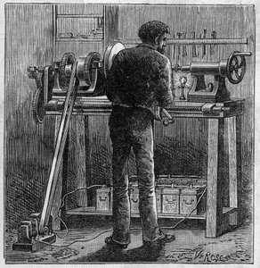 Použití baterií Faure: obrat řemeslníka napájeného z akumulátoru. Gravírování v „“Le Monde Illustré““ od Unknown artist