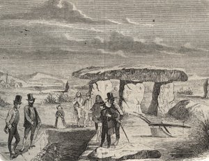 Archeologické vykopávky: objev galských hrobek poblíž Dolmen de la Pierre aux Fees (Pierre-aux-Fees) v Oise (60). Rytina z roku 1856 v „“Le Musee Des Sciences““ od Unknown artist