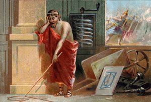 Archimédés ze Syrakus (287-212 př. n. l.) vykreslující geometrické tvary na zemi, brzy se zastaví u římských vojáků v dolní části scény. V jeho dílně lze poznat jeho různé vynálezy: šroub a kolečko. Chromolitografie 19. století od Unknown artist