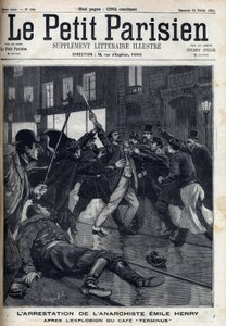 Zatčení anarchisty Emila Henryho (1872-1894) po výbuchu kavárny „Terminus“ v Paříži. Gravírování v „“Le Parisien““ od Unknown artist