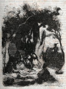 Příjezd Rodomonta a Mandricarda k Merlinově fontáně – rytina z roku 1851 z „“Roland furieux““ (Orlando furioso) (16. století) od Ludovica Ariosta, známého jako Ariosta – vydání přeložené z italštiny hrabětem z Tressanu a vydané nakladatelstvím od Unknown artist