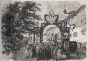 Příjezd Impress Elisabeth Rakouské (Sissi) (Alžběty Rakouské) do Bad Kissingen (Lázně) v roce 1865 - rytina v „The Illustrous World“ z roku 1865 od Unknown artist