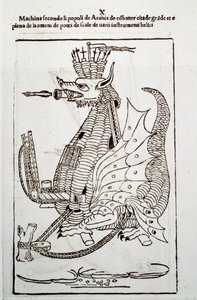 Umění války: studium vojenských strojů. „Arabica machina“, arabský stroj na obléhání města, ilustrace z „De re Militari“ od inženýra Roberta Valturia (1413-1483?) od Unknown artist