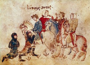 Artušovská legenda: “” Král Artuš obměkčující rytíře (Meliadus (nebo Meliodas), Esclabor a Arfasar (nebo Arphasar)”” Miniatura z “”Meliada, bratra Tristana”” Benátská knihovna ze 14. století Biblioteca Marciana od Unknown artist
