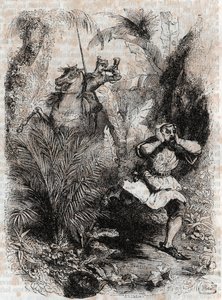 Astolphe uteče Kaligorantovi – 1851 rytina z „“Zuřivého Rolanda““ (Orlando furioso) (16. století) od Ludovica Ariosta, známého jako Ariosto – vydání přeložené z italštiny hrabětem z Tressanu a vydané Gustavem Harvardem 1851 od Unknown artist