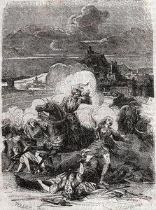 Astolphe nutí ženy z vražd utéct - 1851 rytina z „“Zuřivého Rolanda““ (Orlando furioso) (16. století) od Ludovica Ariosta, známého jako Ariosta – vydání přeložené z italštiny hrabětem z Tressanu a vydané Gustavem Harvardem 1851 od Unknown artist