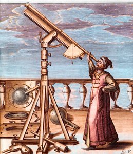 Astronom pozorující oblohu dalekohledem - od: Johannes Hevelius (1611-1687), Selenographia, sive Lunae descriptio (Selenografie, aneb Popis Měsíce) od Unknown artist