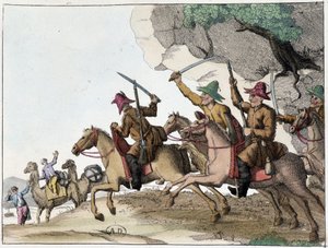 Útok velbloudí karavany skupinou Kyrgyzů (středoasijských tureckých lidí mongolského původu) na koni, Deb. 19. století od Unknown artist
