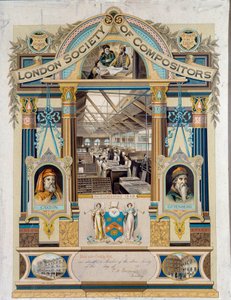 Autogramový certifikát klavistu (operátora tisku) vydaný Society of Clavists of London. Je vyzdoben portréty Johannese Gutenberga a Willimy Caxtonové. Soukromá sbírka 19. století od Unknown artist