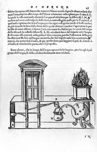Automatický mechanismus navržený Heronem z Alexandrie (starším) (1. století) pro otevírání a zavírání dveří chrámu. Volavka, Spiritalia od Unknown artist