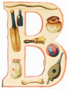 B: luk, baseballová pálka, láhev, brioška, zvonek, balónek, kost, taška, měch (barva litho) od Unknown artist