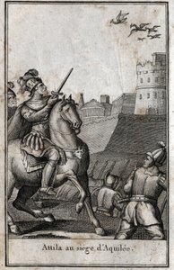 Invaze barbarů - Attila (asi 406-453), král Hunů, během obléhání Aquilee (Aquileia) v Itálii, 452. Rytina v „Beaute de l