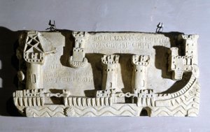 Basreliéf, který představuje starý přístav v Pise. Všimli jsme si řetězů blokujících přístup do přístavu, který Janov vzal jako trofej po bitvě Meloria proti Korsice. Janov, Námořní muzeum Pegli. 1290. od Unknown artist