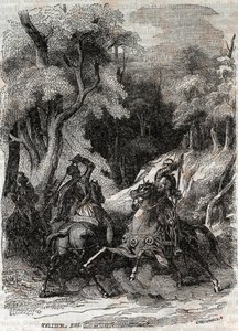 Bitva mezi Rolandem a Ferragusem – rytina z roku 1851 z „“Zuřivého Rolanda““ (Orlando furioso) (16. století) od Ludovica Ariosta, známého jako Ariosta – vydání přeložené z italštiny hrabětem z Tressanu a vydané Gustavem Harvardem 1851 od Unknown artist