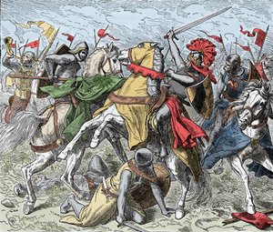 Bitva na Elsteru: Rudolf Švábský smrtelně zraněn - Vzpoura Sasů (1073-1075): Rodolph z Rheinfeldenu (asi 1025-1080), vévoda ze Švábska a antikrál Římanů je smrtelně zraněn v bitvě u Elsteru, proti vojskům Jindřicha IV od Unknown artist