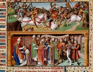 Bitevní scéna a korunovace císaře Lotharyho II. ze Supplinburgu (nebo Lotharyho III. Svaté říše, císaře Svaté říše římské) (1075-1137) Miniatura v „“Le miroir historial““ (Speculum Historiale) (ms. 1196 fol. 245 r.) od Vincenta de Beauvais (11 od Unknown artist