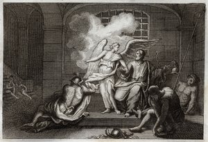 Bible of Royaumont, Nový zákon: Saint Peter Delivre de vězení. Svatý Petr je v noci propuštěn z vězení andělem. Ilustrace z roku 1811. od Unknown artist