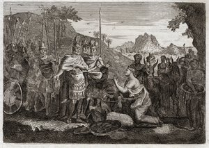 Bible of Royaumont, Starý zákon: Abigail. Abigail, Nábalova žena, svou moudrostí tiší Davidův hněv. Ilustrace z roku 1811. od Unknown artist
