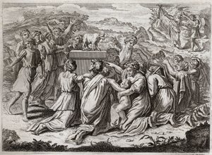 Bible of Royaumont, Starý zákon: Klanění zlatého telete. Když Mojžíš vidí Hebrejce a zlaté tele, porušuje tabulky Zákona. Ilustrace z roku 1811. od Unknown artist