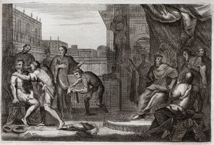 Bible of Royaumont, Starý zákon: Velvyslanci Davida. David poslal Joaba proti Ammonitům, aby se pomstil za urážku, kterou jejich princ Hanon učinil svým vyslancům, které považoval za vyzvědače. Ilustrace z roku 1811. od Unknown artist